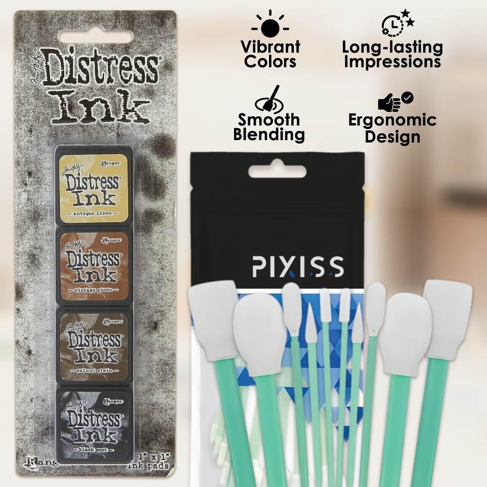 Tim Holtz Distress Oxide Ink Pads and Pixiss Foam Blending Brush Tools - 1"x1" Stamp Pads Antique Linen, Vintage Photo, Walnut Stain, Black Soot for Card Making Tools and Scrapbooking Supplies