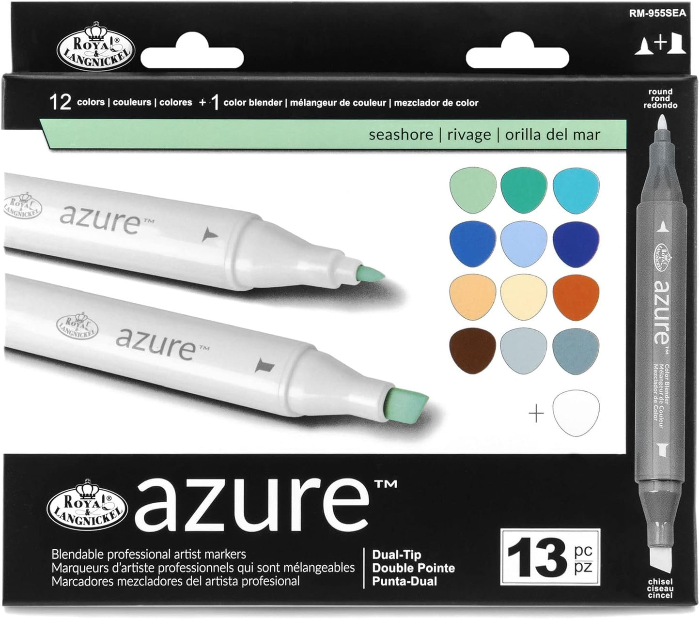 Royal & Langnickel Azure, 13pc Dual-Tip, Alcohol Based Marker Set, Includes - 12 Markers & 1 Blender, Seashore Colors