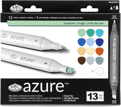 Royal & Langnickel Azure, 13pc Dual-Tip, Alcohol Based Marker Set, Includes - 12 Markers & 1 Blender, Seashore Colors