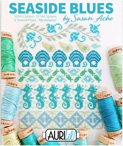 Aurifil Susan Ache Seaside Blues Thread Set 10 sm spools 6 Strand Floss, Assorted Colors