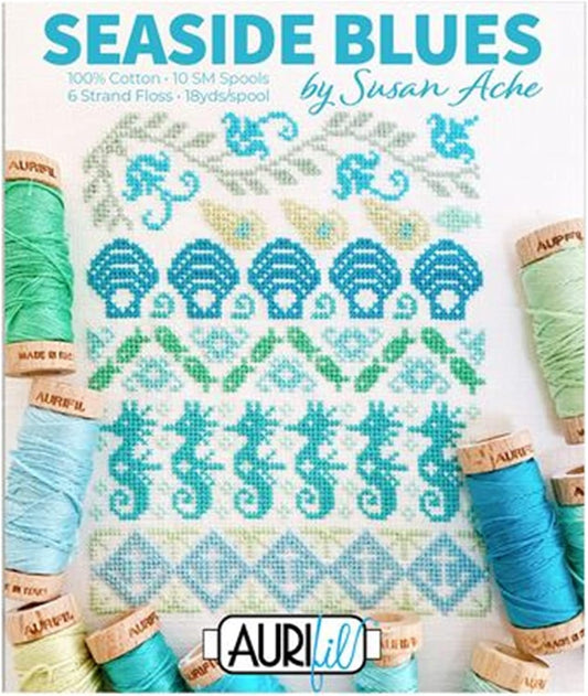 Aurifil Susan Ache Seaside Blues Thread Set 10 sm spools 6 Strand Floss, Assorted Colors