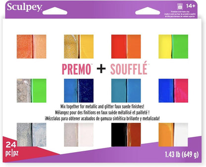 Polyform Sculpey Soufflé™ & Sculpey Premo™ Premium, Polymer Oven-Bake Clay, 24 unique colors set, Non Toxic, 11.43 lbs., Great for jewelry making, holiday, DIY, mixed media and more!