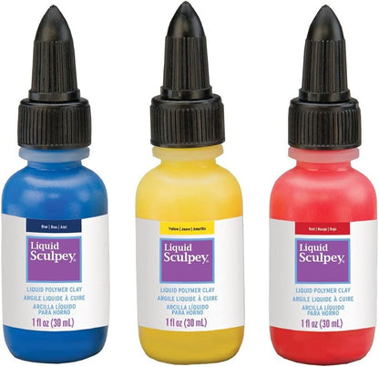 Liquid Sculpey Liquid Polymer Oven-Bake Clay, Primary Sampler Pack, Three 1 oz. bottles included, Red, Blue and Yellow, Great for jewelry, holiday, DIY