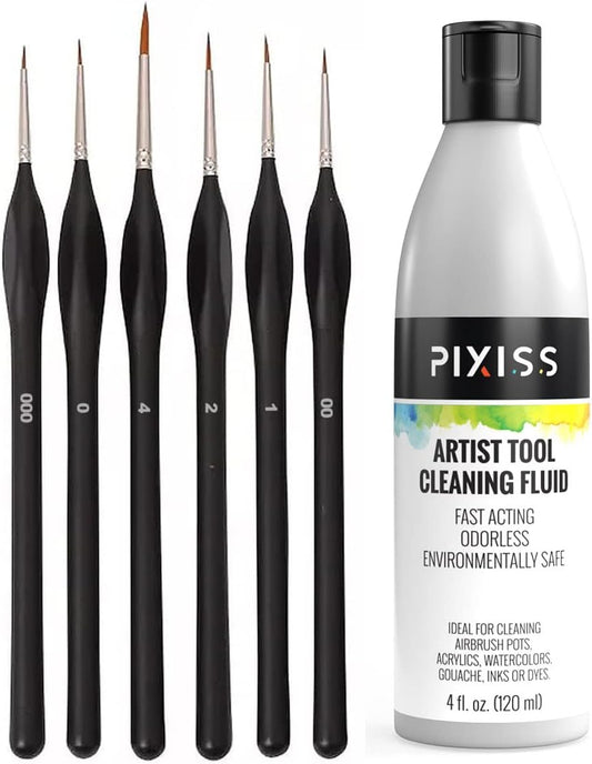 Pixiss Paint Brush Cleaner and Restorer, 4 Ounce Bottle - Small Paint Miniature Brushes Fine Tip 6pc