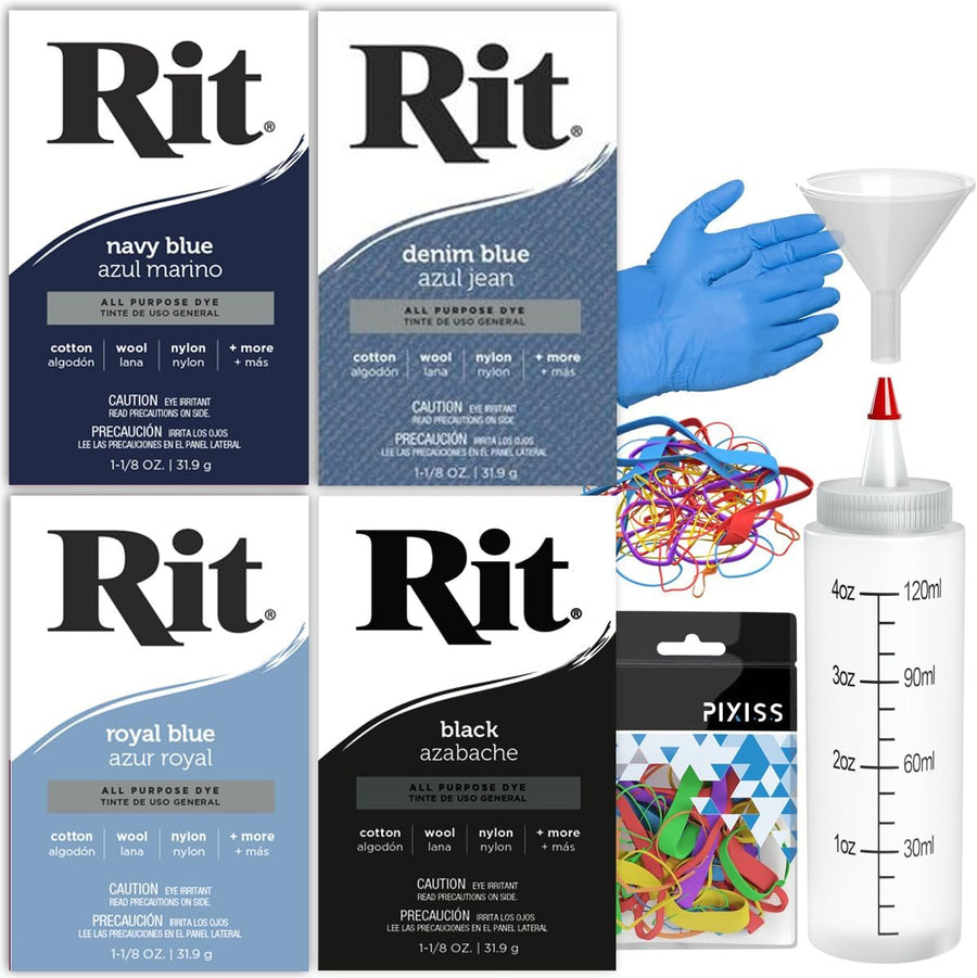 Rit Dye Liquid Navy Blue All-Purpose Dye 8oz, Pixiss Tie Dye Accessories Bundle with Rubber Bands, Gloves, Funnel and Squeeze Bottle