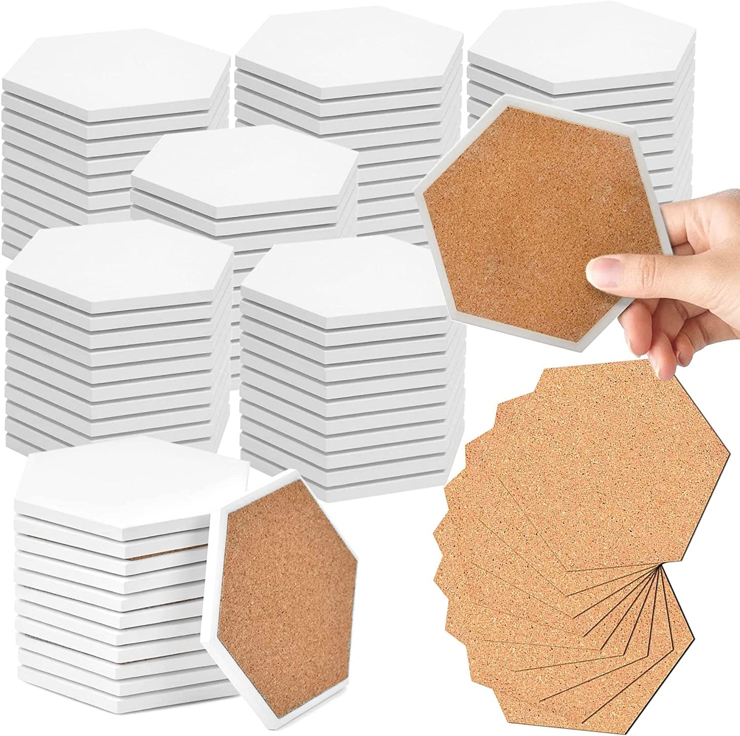 PIXISS Hexagon Ceramic Coasters with Cork Backing - 100