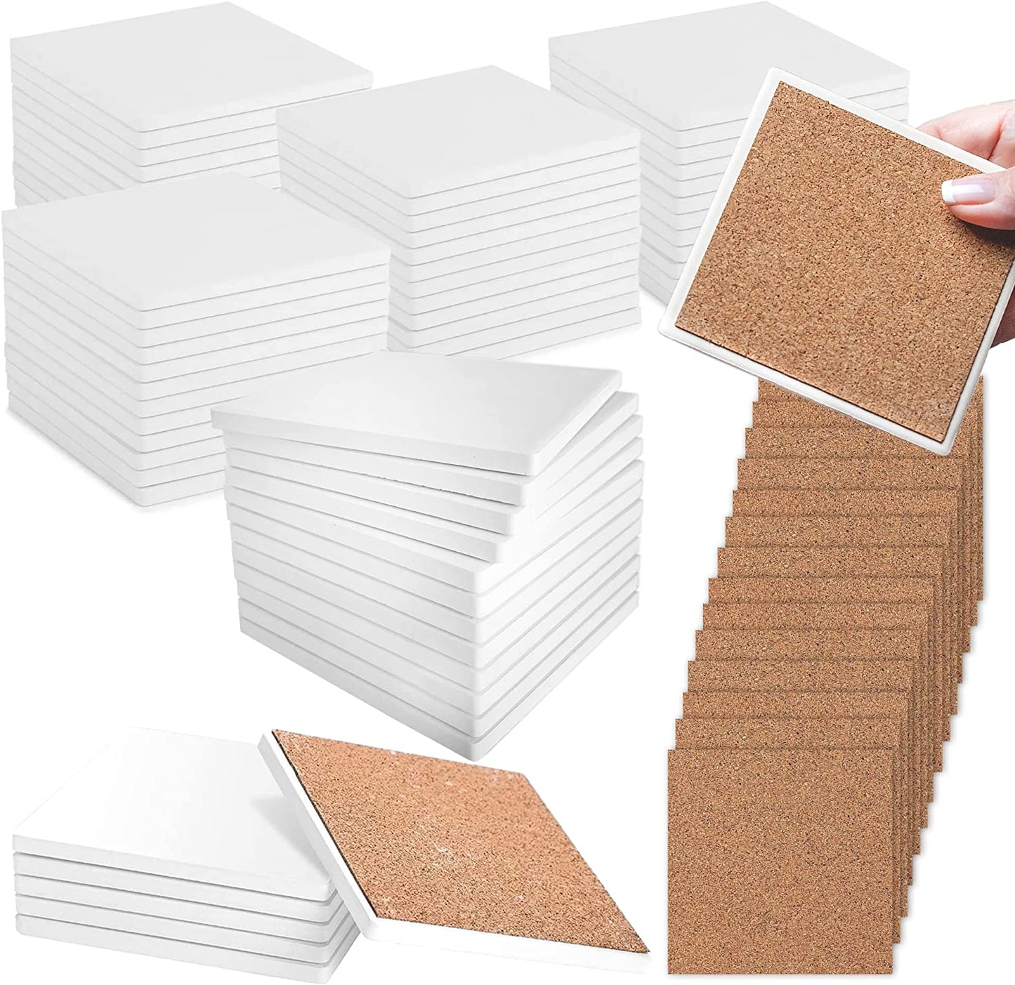 PIXISS Square Ceramic Coaster/Tiles with Cork Backing - 100PC