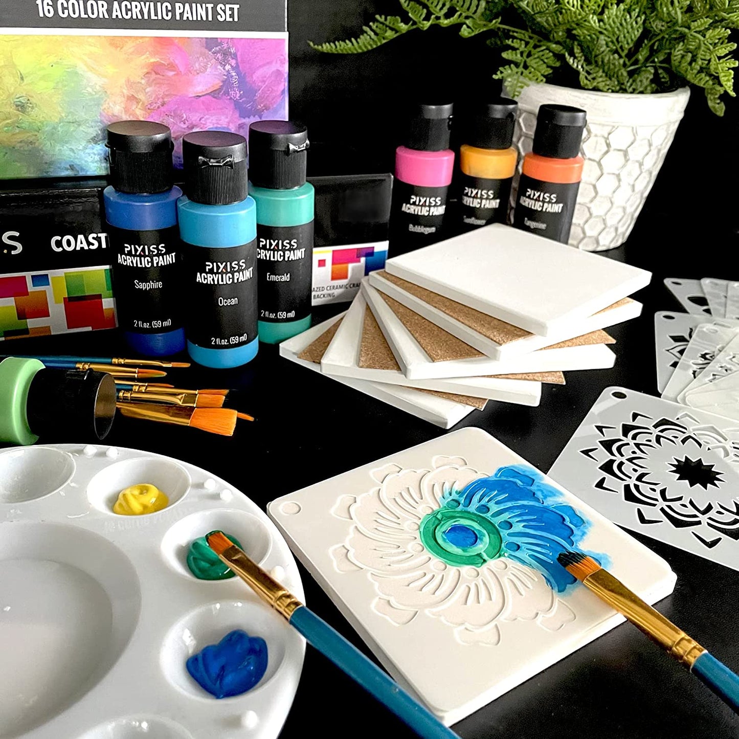 PIXISS DIY Square Coaster/Tiles Kit with Acrylic Paint, Stencils & Brushes