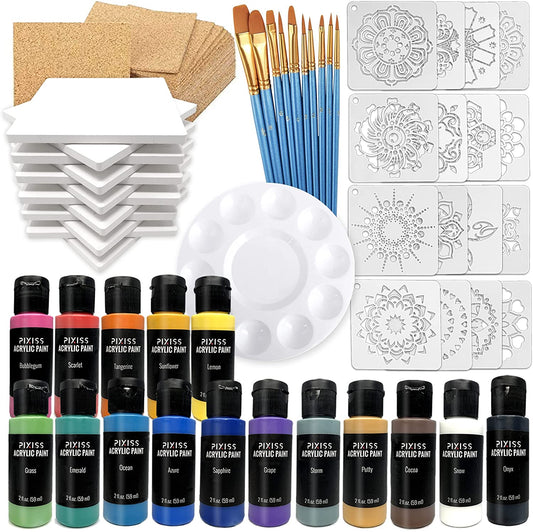 PIXISS DIY Square Coaster/Tiles Kit with Acrylic Paint, Stencils & Brushes