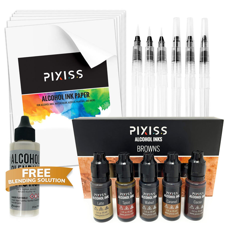 PIXISS Alcohol Ink 5 Pack, Alcohol Ink Paper, Blending Brushes