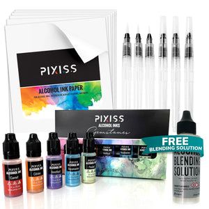 PIXISS Alcohol Ink 5 Pack, Alcohol Ink Paper, Blending Brushes & Bonus FREE Blending Solution