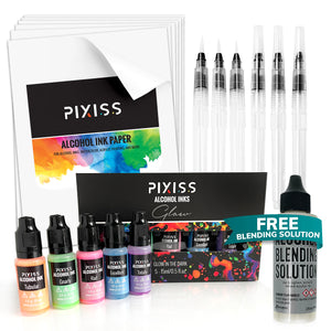 PIXISS Alcohol Ink 5 Pack, Alcohol Ink Paper, Blending Brushes & Bonus FREE Blending Solution