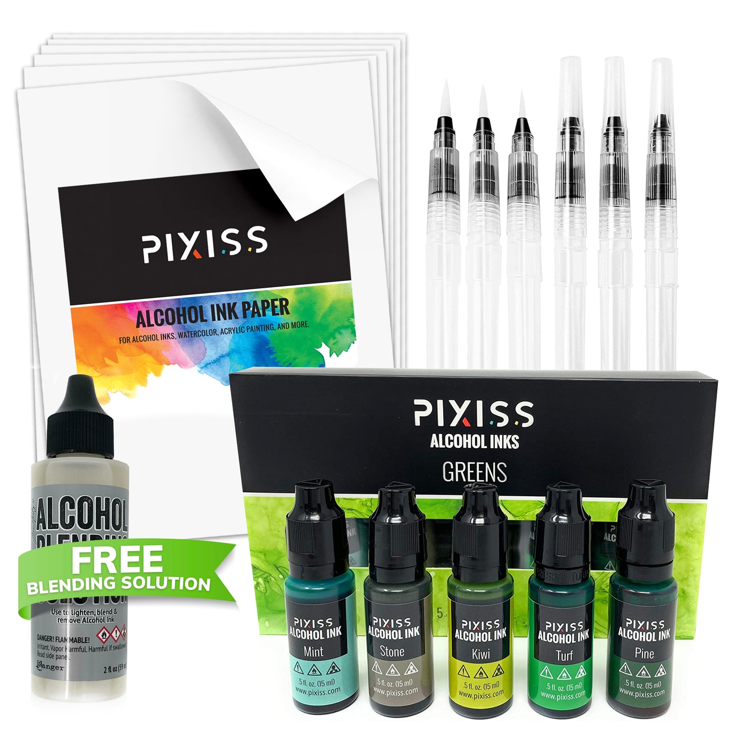 PIXISS Alcohol Ink 5 Pack, Alcohol Ink Paper, Blending Brushes & Bonus FREE Blending Solution