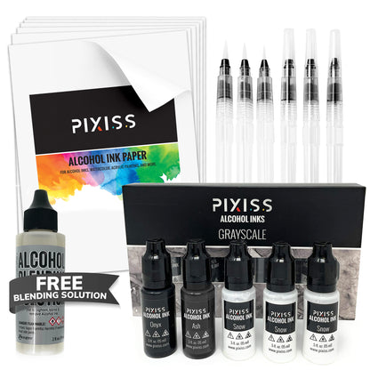 PIXISS Alcohol Ink 5 Pack, Alcohol Ink Paper, Blending Brushes & Bonus FREE Blending Solution