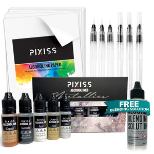 PIXISS Alcohol Ink 5 Pack, Alcohol Ink Paper, Blending Brushes & Bonus FREE Blending Solution