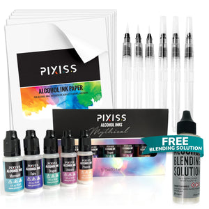 PIXISS Alcohol Ink 5 Pack, Alcohol Ink Paper, Blending Brushes & Bonus FREE Blending Solution