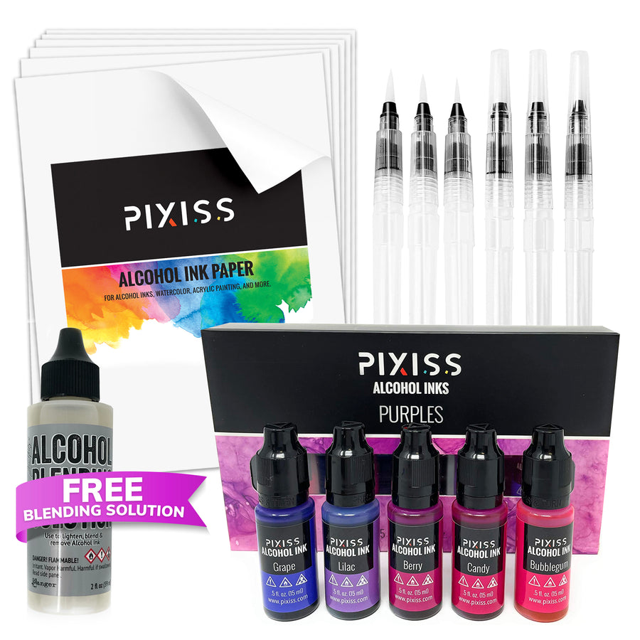 PIXISS Alcohol Ink 5 Pack, Alcohol Ink Paper, Blending Brushes & Bonus FREE Blending Solution