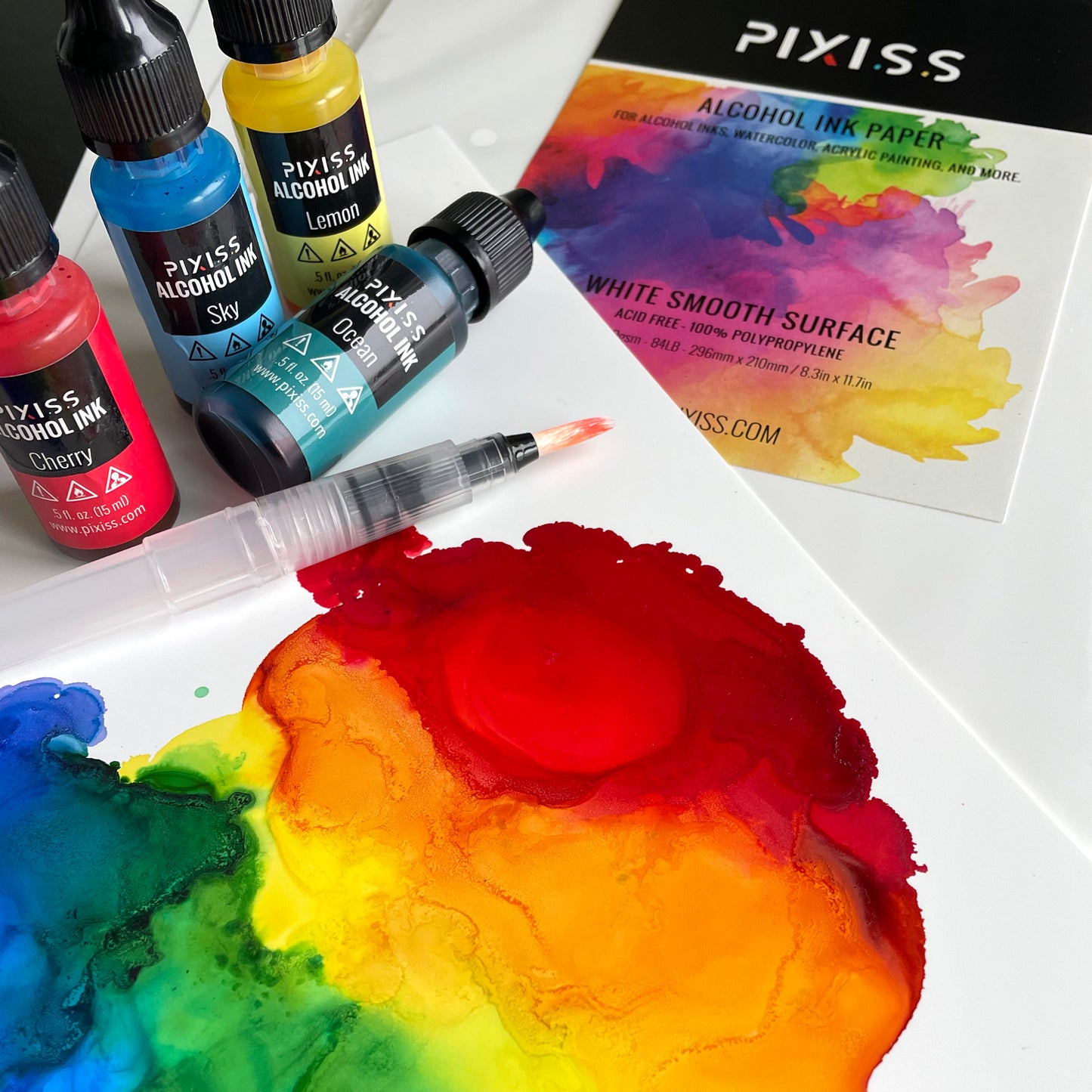 PIXISS Alcohol Ink 5 Pack, Alcohol Ink Paper, Blending Brushes & Bonus FREE Blending Solution