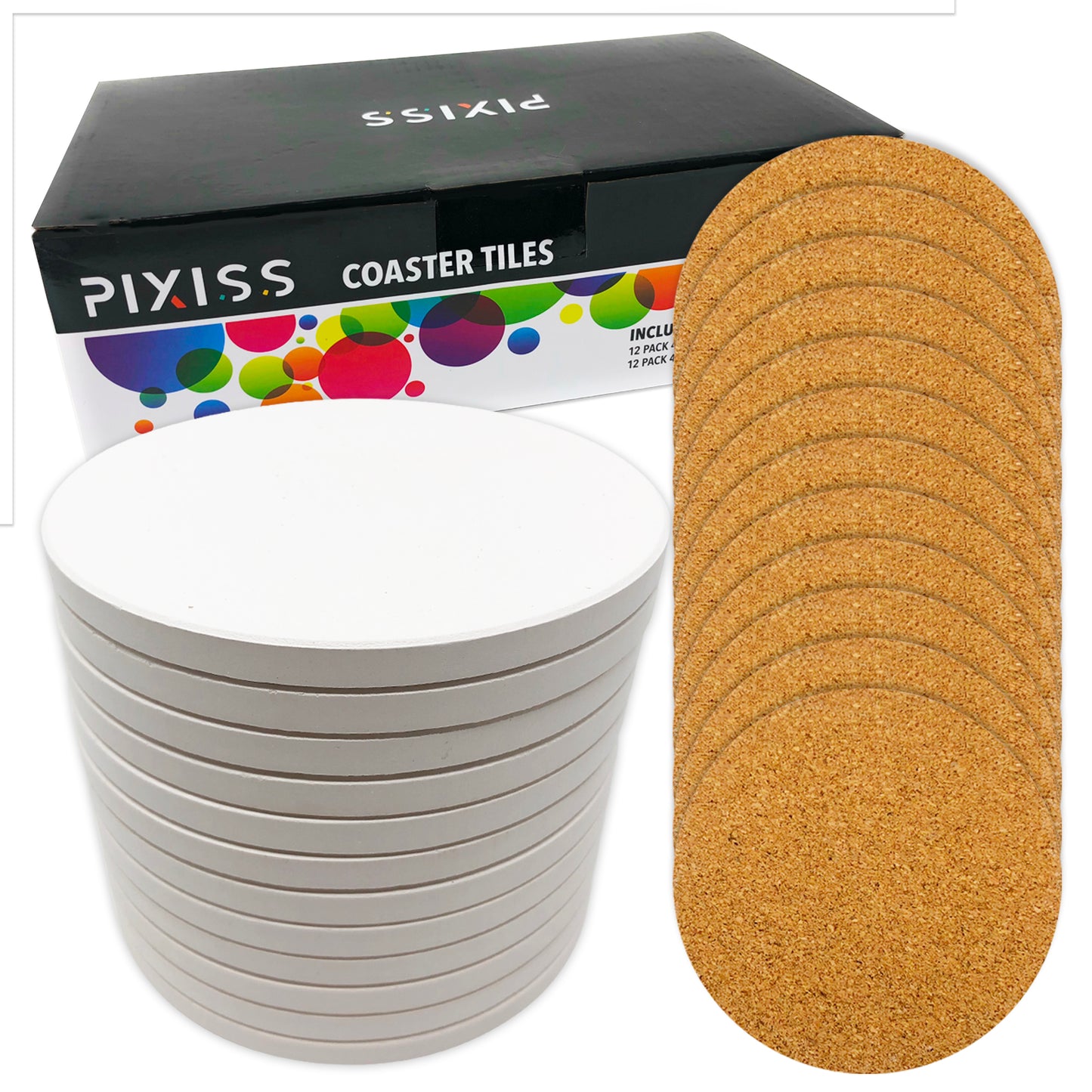 PIXISS Round Ceramic Coasters with Cork Backing - 12