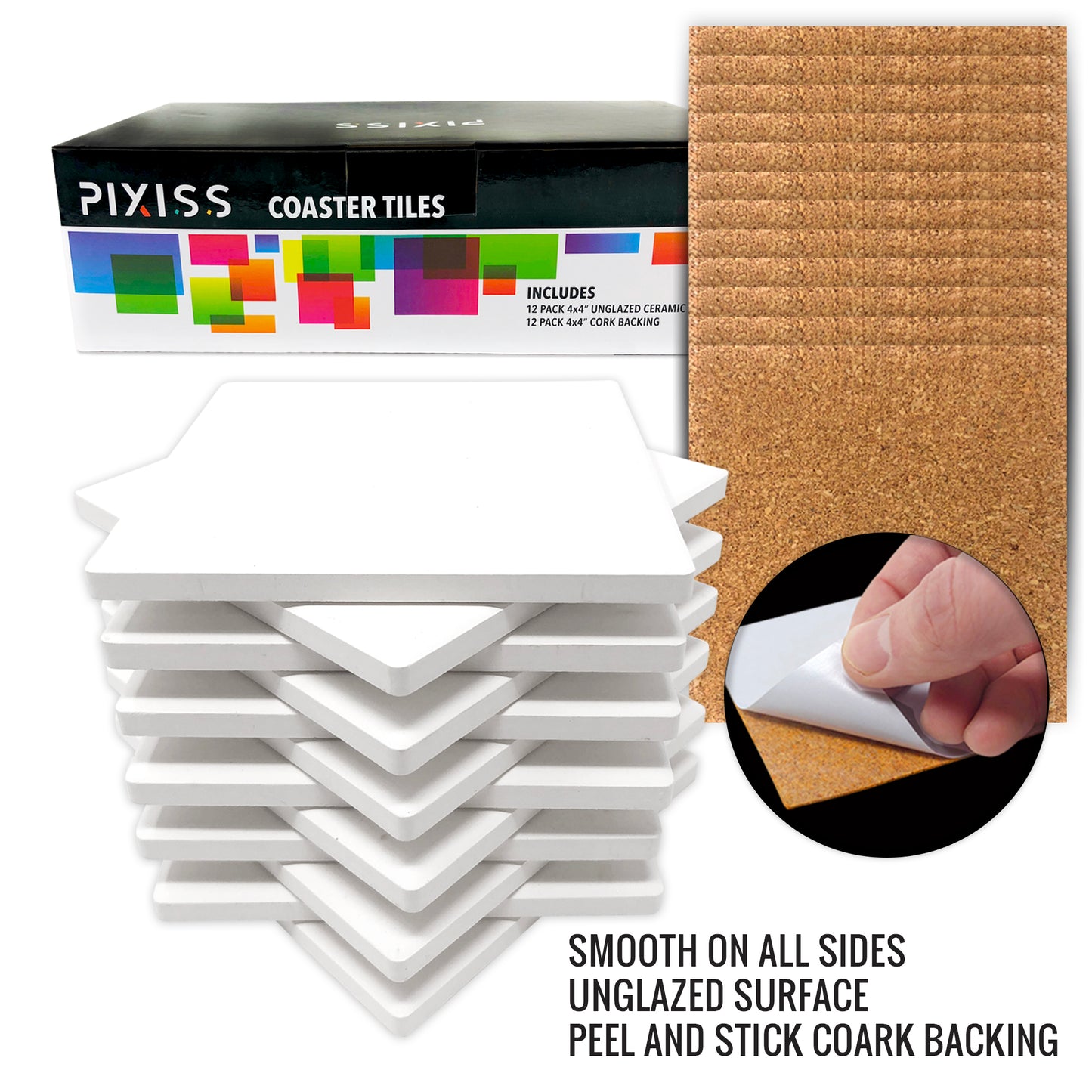 PIXISS Square Ceramic Coaster/Tiles with Cork Backing - 12PC