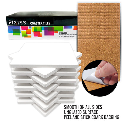 PIXISS Square Ceramic Coaster/Tiles with Cork Backing - 12PC