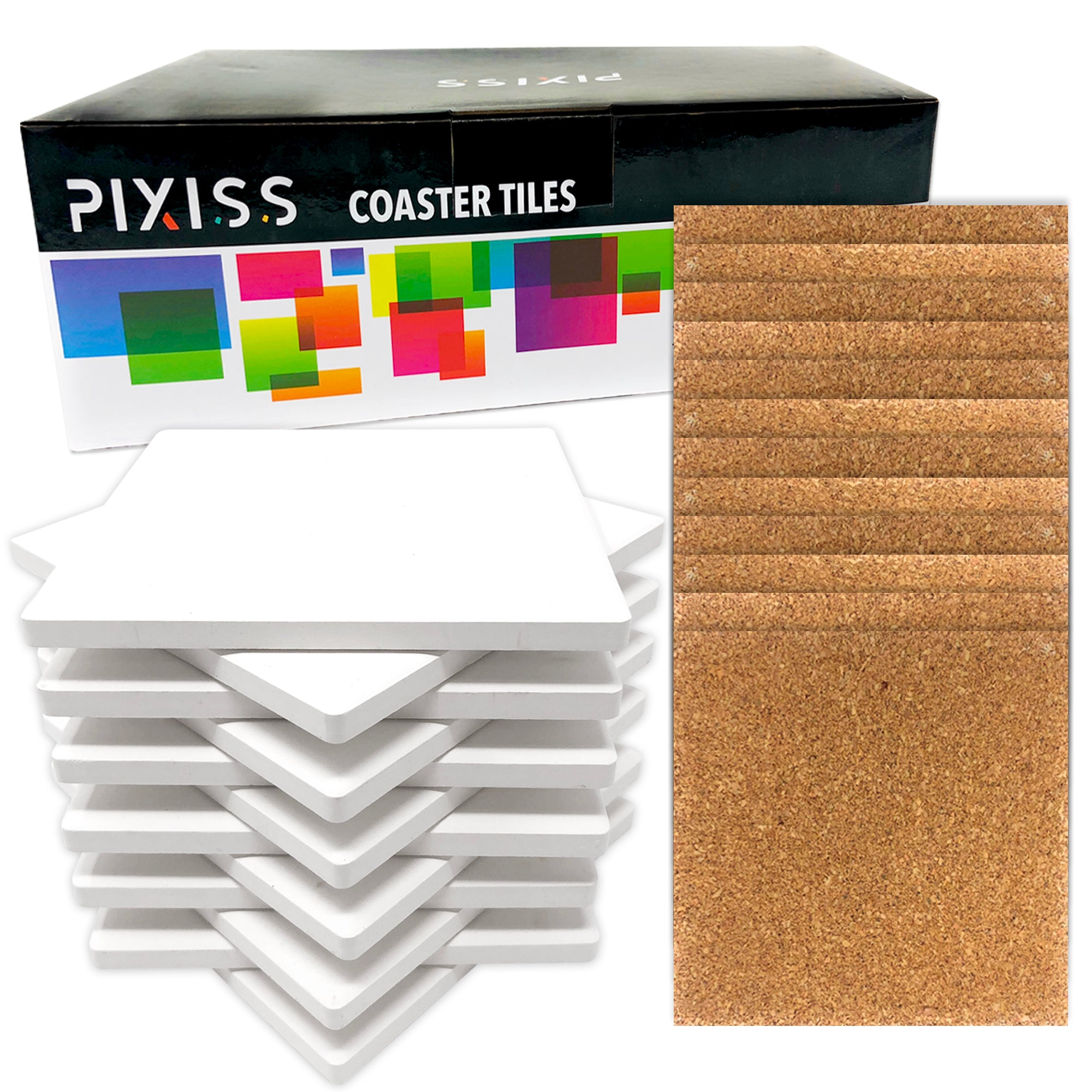 Pixiss Ceramic Tiles for Crafts Coasters,100 Square Ceramic White Tiles  4-Inch with Cork Backing Pads, for Alcohol Ink or Acrylic Pouring, DIY Make