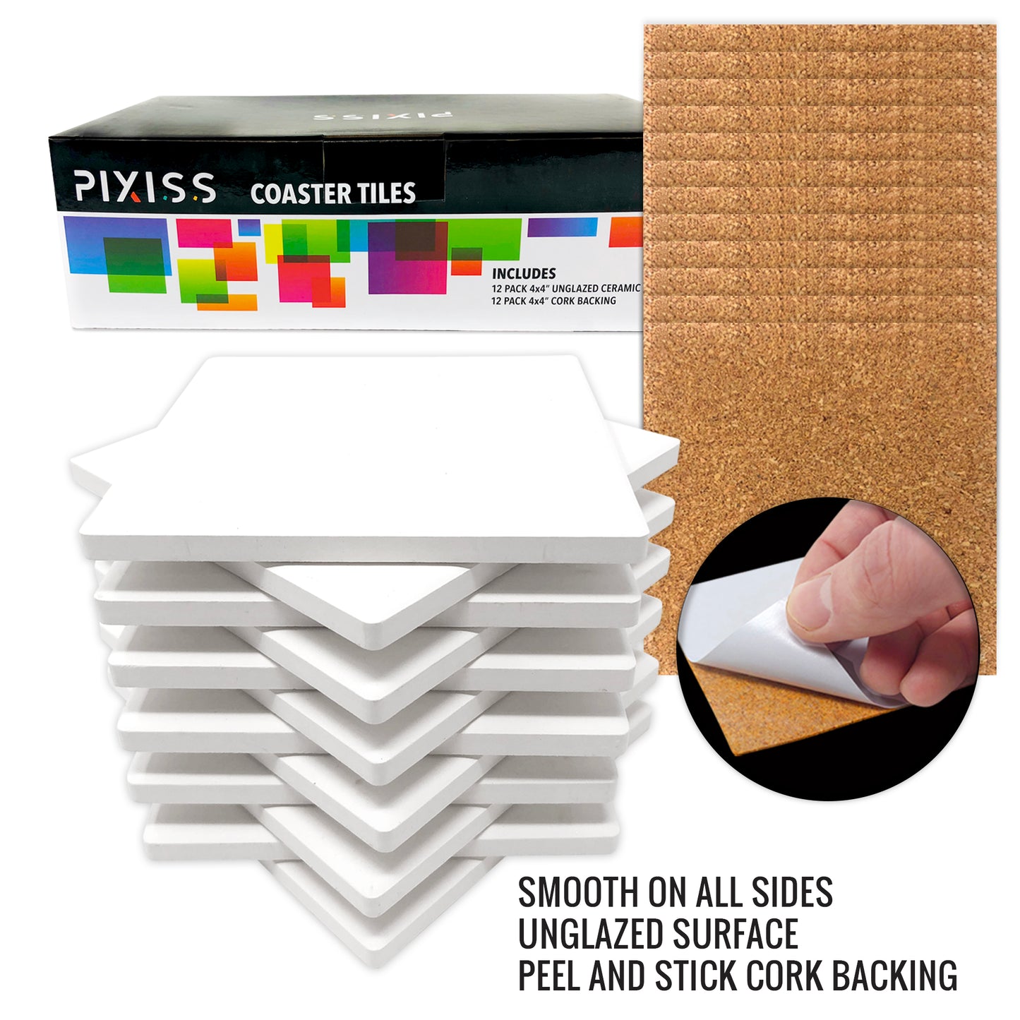 PIXISS Square Ceramic Coaster/Tiles with Cork Backing - 100PC