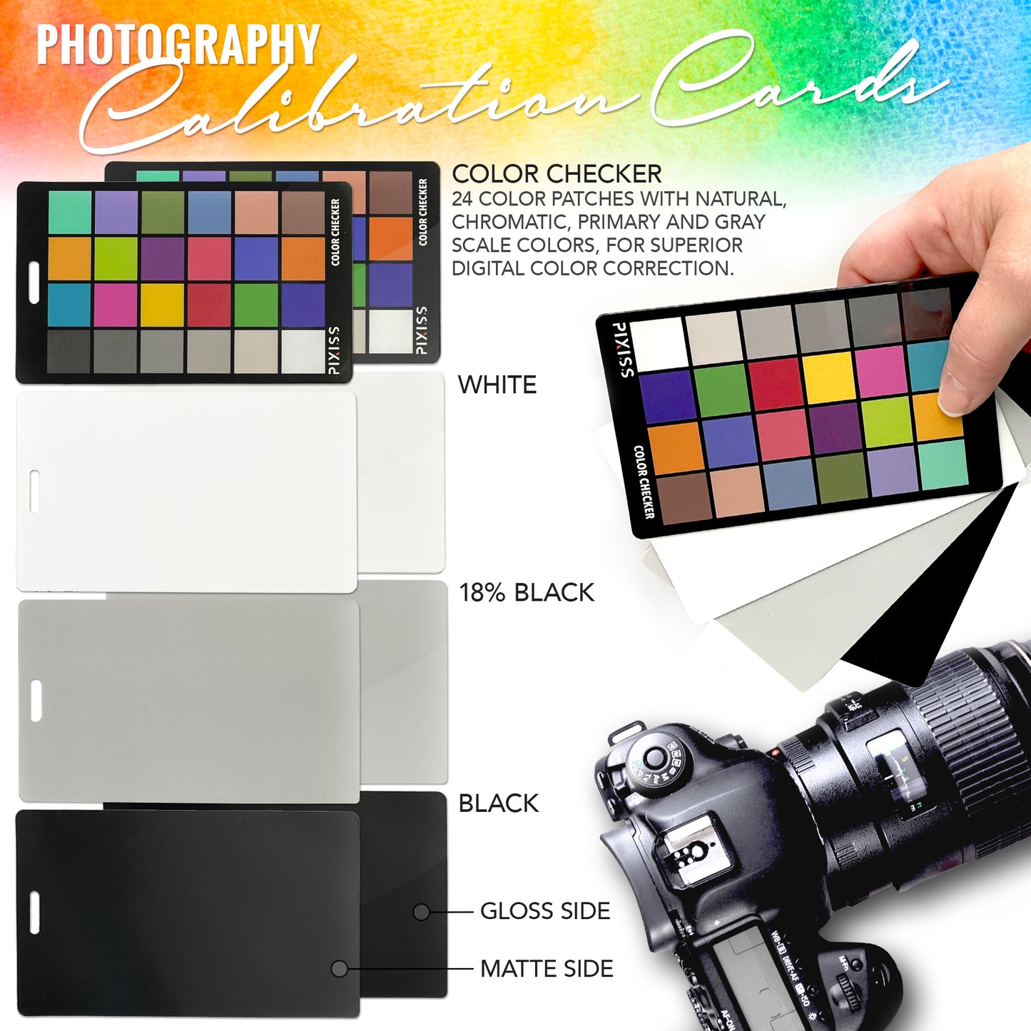 PIXISS Photography Calibration Cards with Lanyard and Lens Cloth