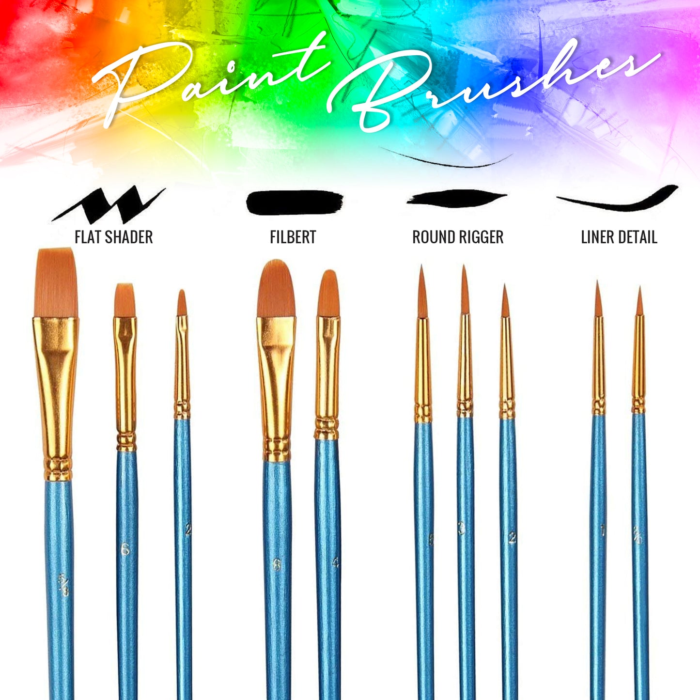 PIXISS Assorted Acrylic Paint Brushes - 10PC