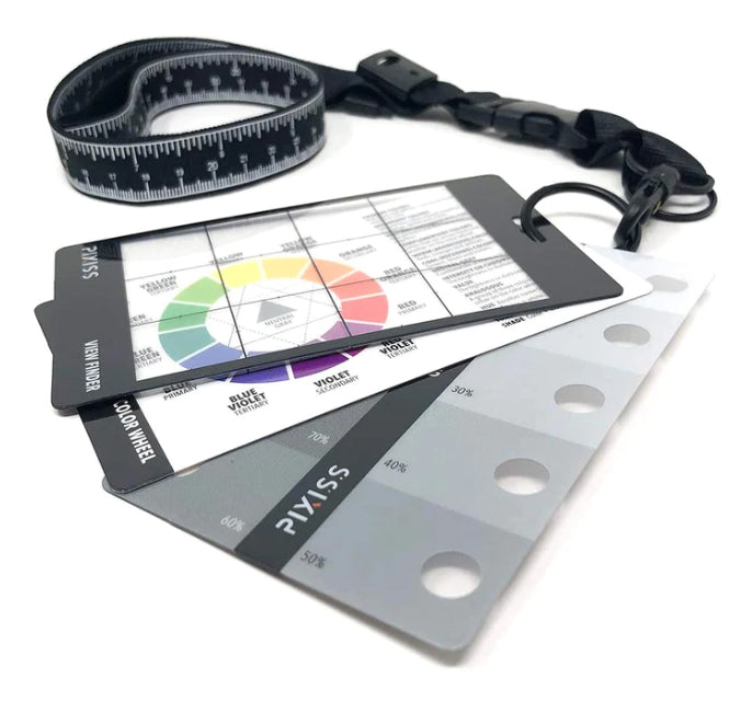 PIXISS ARTISTS VIEW FINDER, COLOR WHEEL, GREYSCALE VALUE FINDER AND MEASURING LANYARD - WHOLESALE 50 SETS
