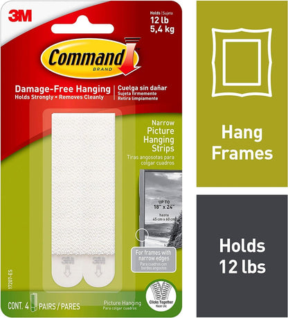 Command Narrow Picture Hanging Strips, White, 4-Pairs, Holds up to 12 lbs.