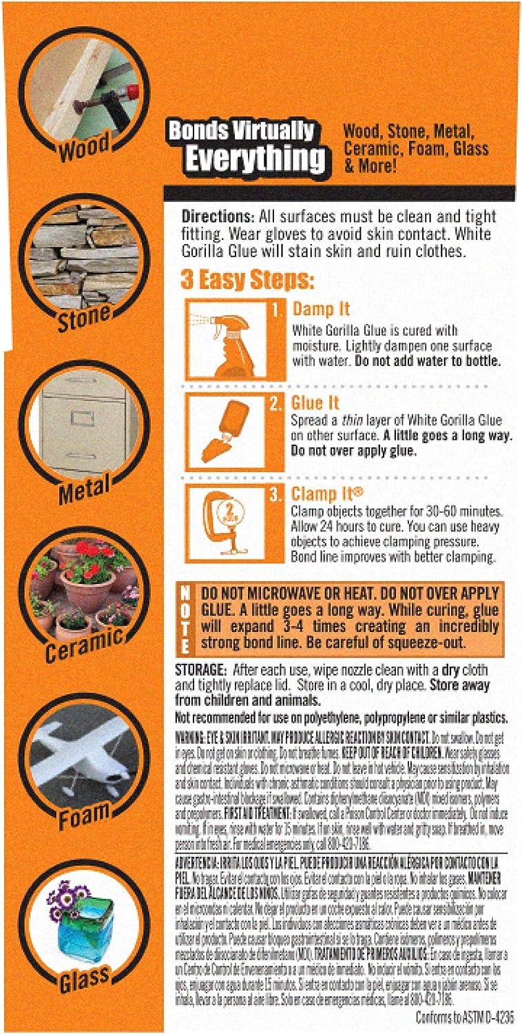 Gorilla White Gorilla Glue, Waterproof Polyurethane Glue, 2 Ounce Bottle, White, (Pack of 1)