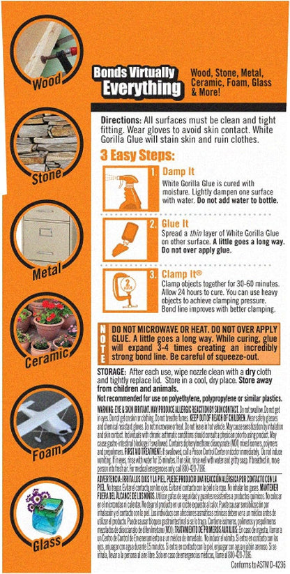 Gorilla White Gorilla Glue, Waterproof Polyurethane Glue, 2 Ounce Bottle, White, (Pack of 1)