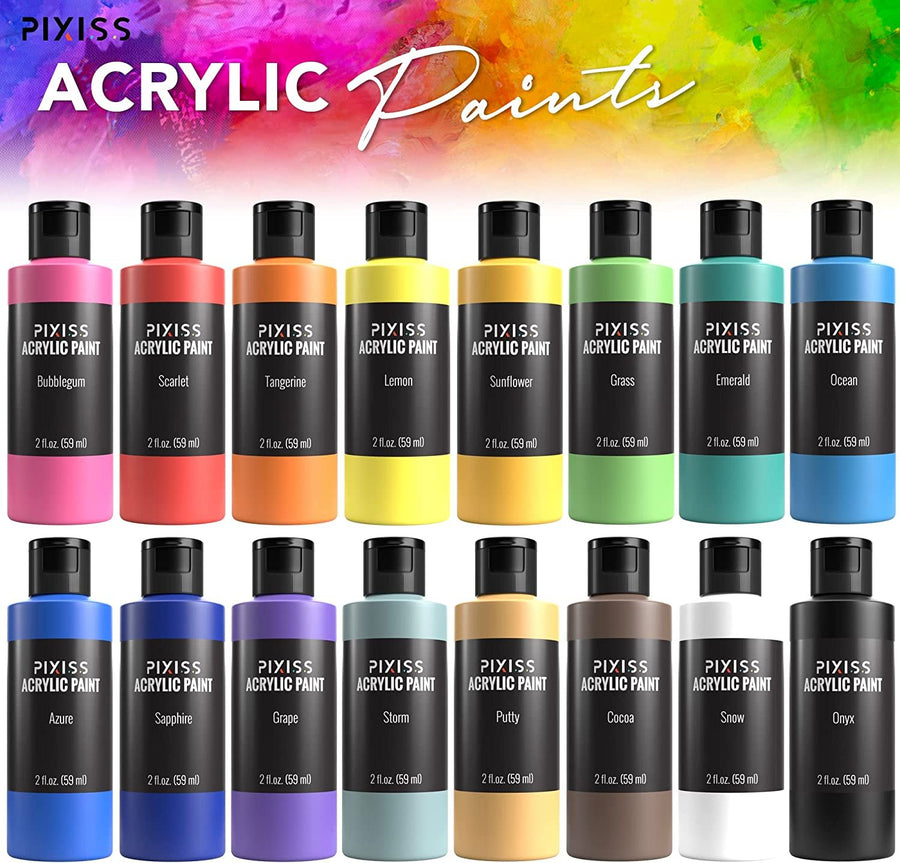 Pixiss Acrylic Paints Set of 16 Vibrant Colors