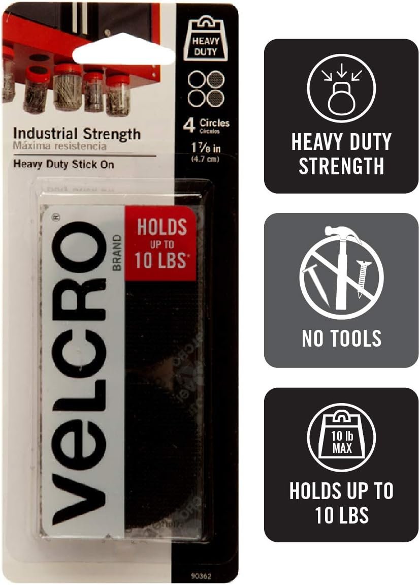 VELCRO Brand Industrial Fasteners Stick-On Adhesive | Professional Grade Heavy Duty Strength | Indoor Outdoor Use, 1 7/8in, Circles 4 Sets