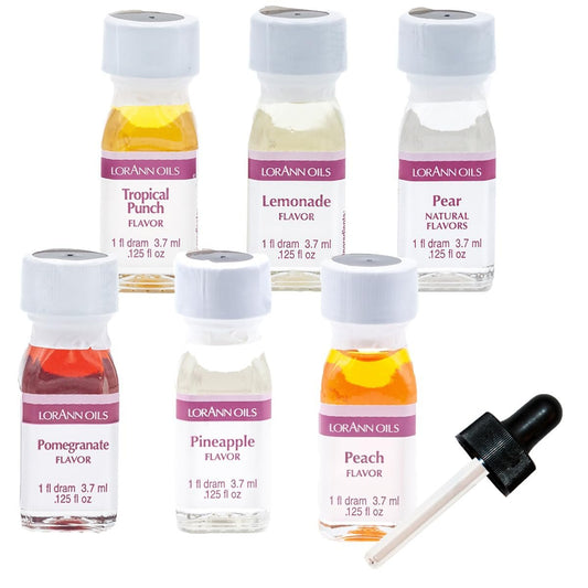 LorAnn Oils Super Strength Variety Pack Of 6, 1-Dram Flavors (Tropical Punch, Lemonade, Pear, Pomegranate, Pineapple and Peach) With a Free 1-Dram Dropper