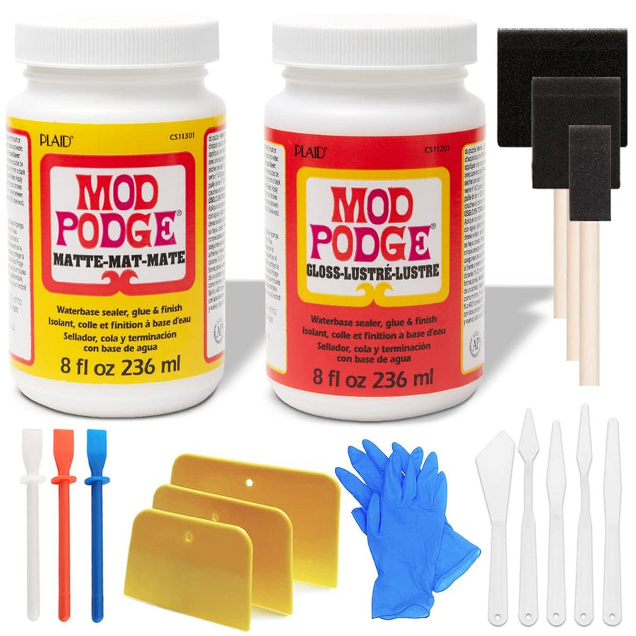 Mod Podge Bundle, 8 Ounce Gloss and Matte Medium Waterproof Sealer, Pixiss Accessory Kit with Foam Brushes, Gloves, Glue Spreaders and More 8oz