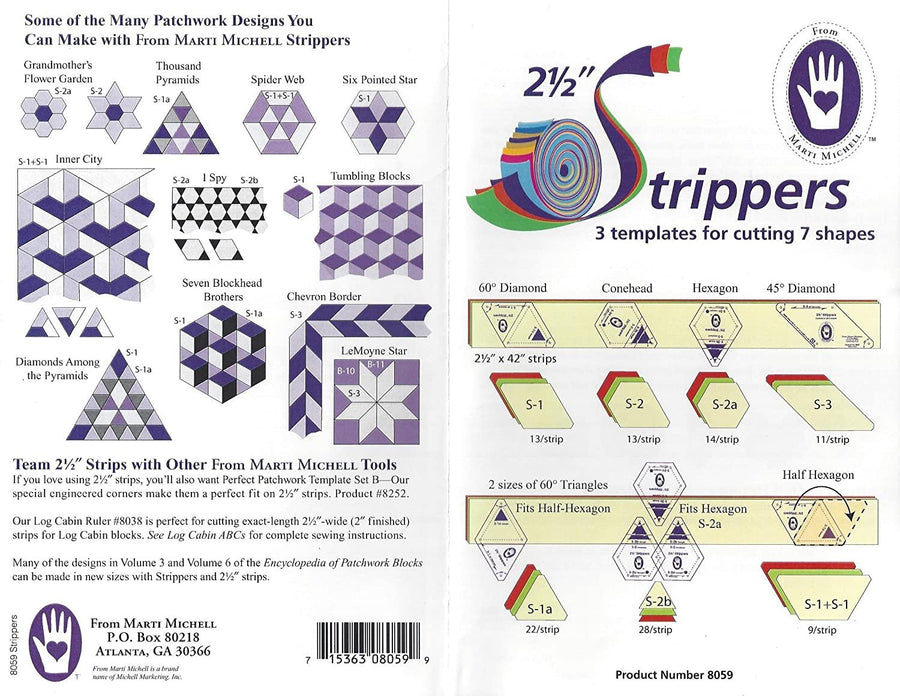 Marti Michell Quilting Templates Bundle – 2 Items: 2 ½-Inch Strippers Templates and One-Derful One Patch 60-Degree Diamond and Triangle Template