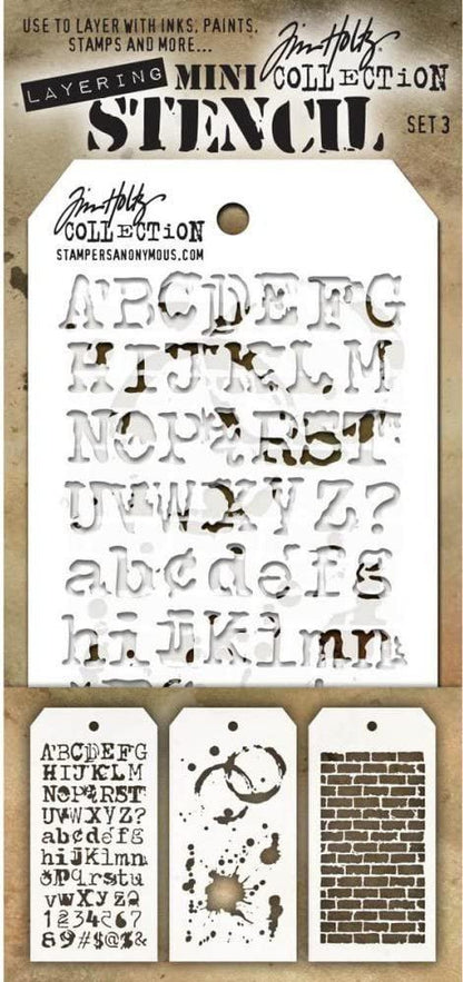 Tim Holtz - Nine Mini Layering Stencils - Industrial, Gears, Plus, Clockwork, Numbered, Crackle, Typo, Splatters and Bricked - aka sets 1, 2 & 3