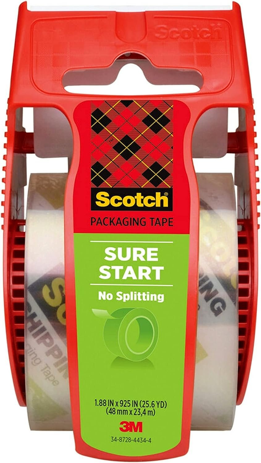 Scotch Sure Start Shipping Packaging Tape, 1.88"x 22.2 yd, Designed for Packing, Shipping and Mailing, Quiet Unwind, No Splitting or Tearing, 1.5" Core, Clear, 1 Dispensered Roll (145)