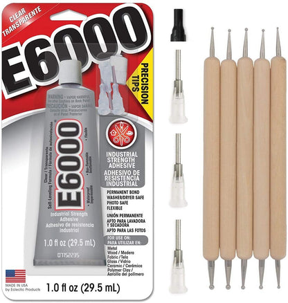 E6000 1-Ounce Tube with Precision Tips Industrial Strength Adhesive for Crafting and Pixiss Wooden Art Dotting Stylus Pens 5 pcs Set - Rhinestone Applicator Kit
