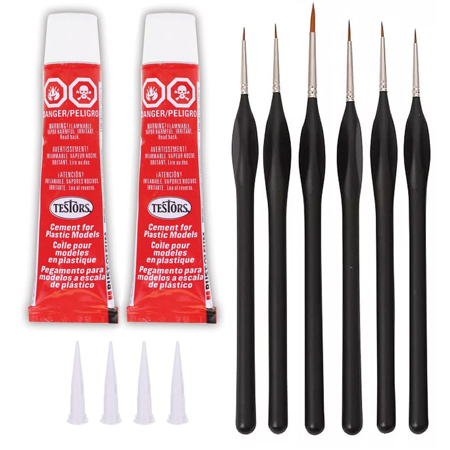 Testors Cement Plastic Model Glue Adhesive 2-Pack, 6 Fine Detail Miniatures Paint Brushes