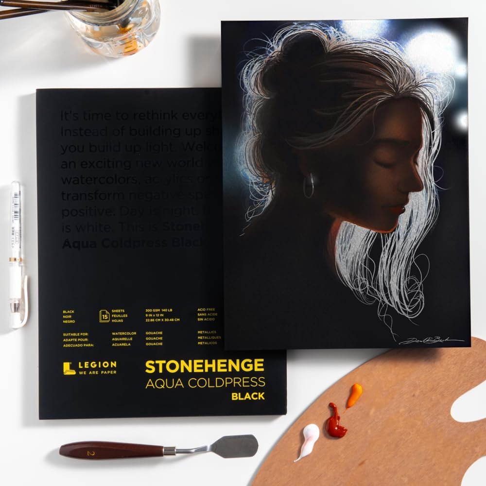 Stonehenge Aqua Black Medium Weight Pad, 140lb, Coldpress, 9 x 12 Inches, 15 Sheets for Wet and Dry Media