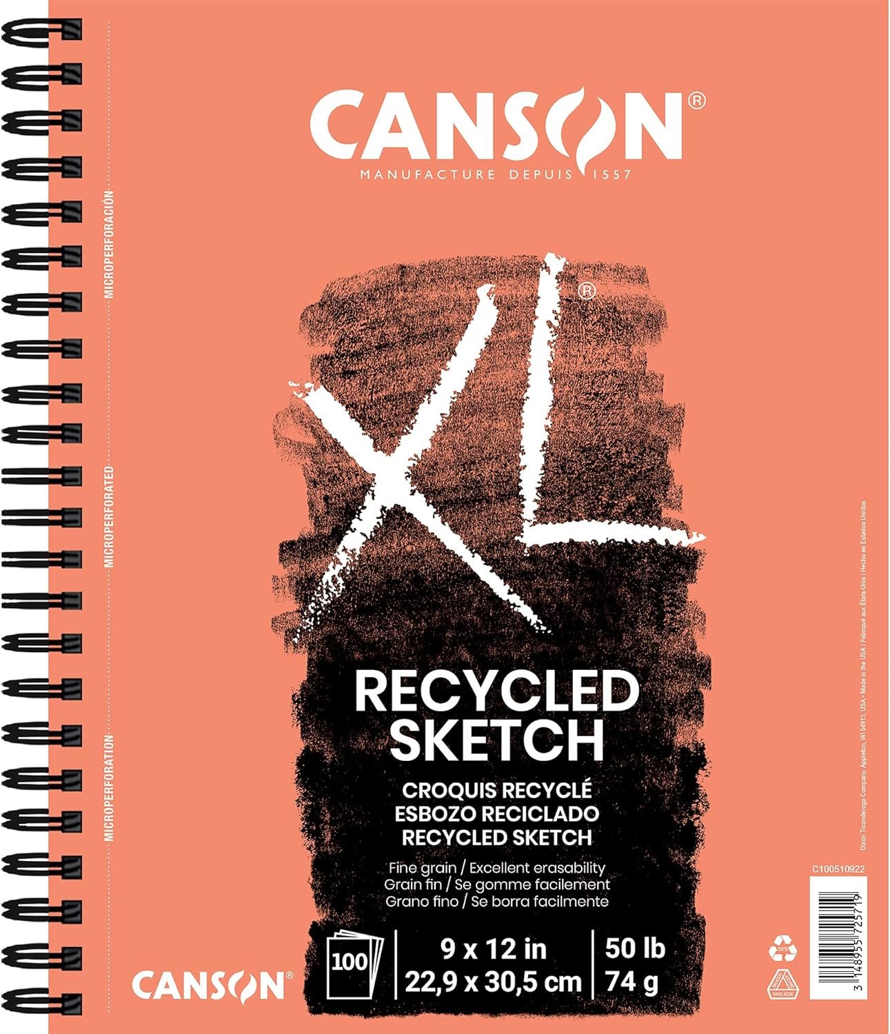 Canson XL Series Paper Sketch Pad for Charcoal, Pencil and Pastel, Top Wire Bound, 50 Pound, 9 x 12 Inch, 100 Sheets
