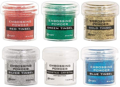 Ranger Embossing Powder Bundle, Red Tinsel, Green Tinsel, Gold Tinsel, Silver Tinsel, Frosted Crystal and Blue Tinsel and 6X Pixiss Craft Spoons