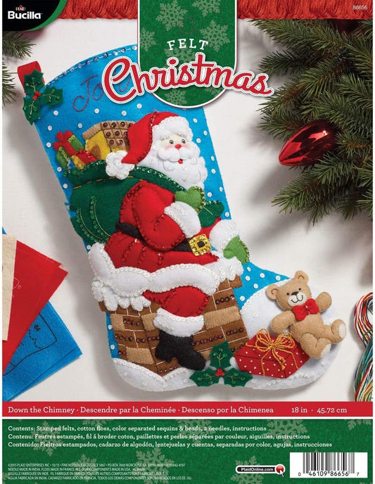 Bucilla 18-Inch Christmas Stocking Felt Applique Kit, Down The Chimney, Blue, White and Red