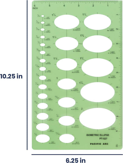 Pacific Arc Isometric Ellipse Guide Template, 27 Total Ellipse from 1/8 Inch to 2 Inch with Inch Graduations