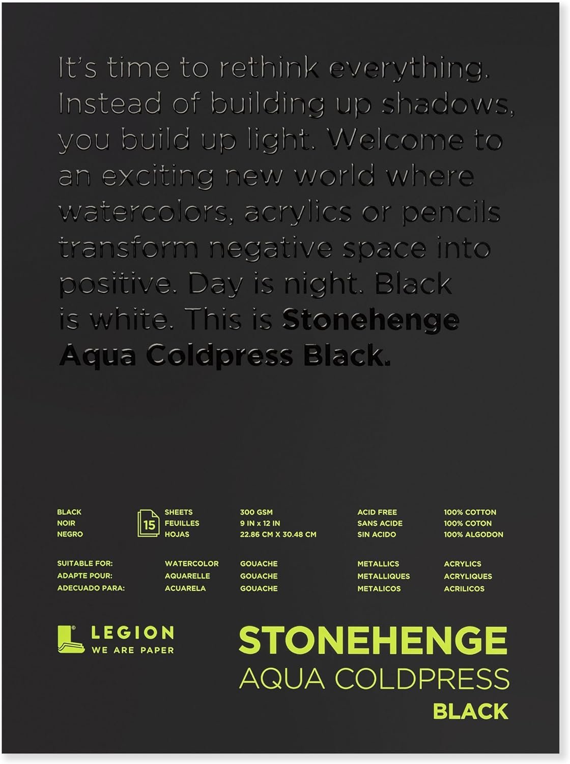 Stonehenge Aqua Black Medium Weight Pad, 140lb, Coldpress, 9 x 12 Inches, 15 Sheets for Wet and Dry Media