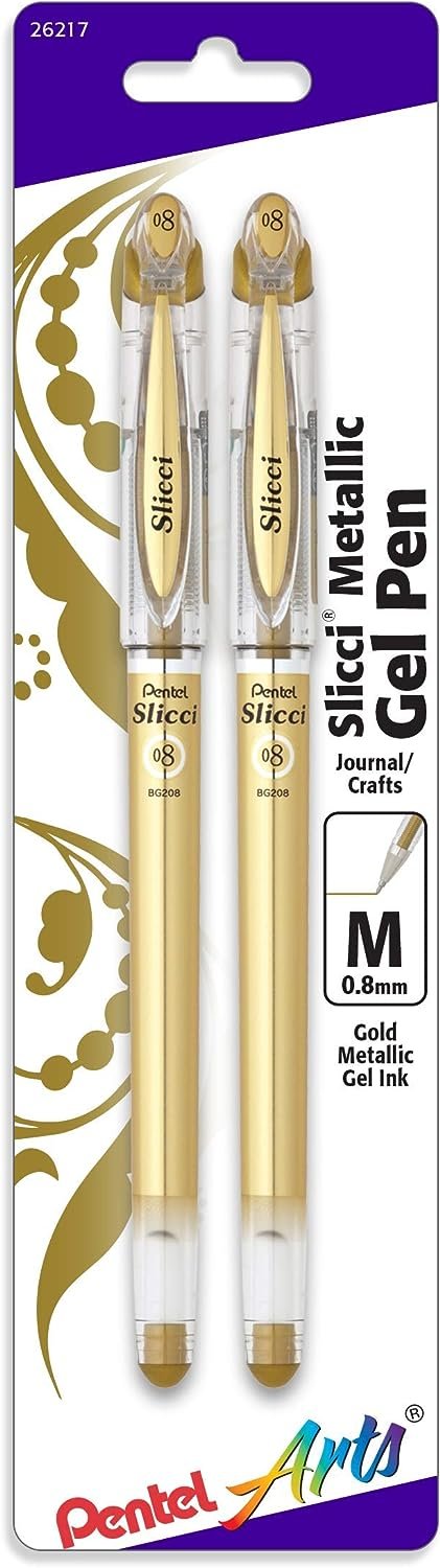 Pentel Arts Slicci Metallic 0.8 mm Needle Tip Gel Pen, Assorted Colors, 3 Pack (BG208BP3M)