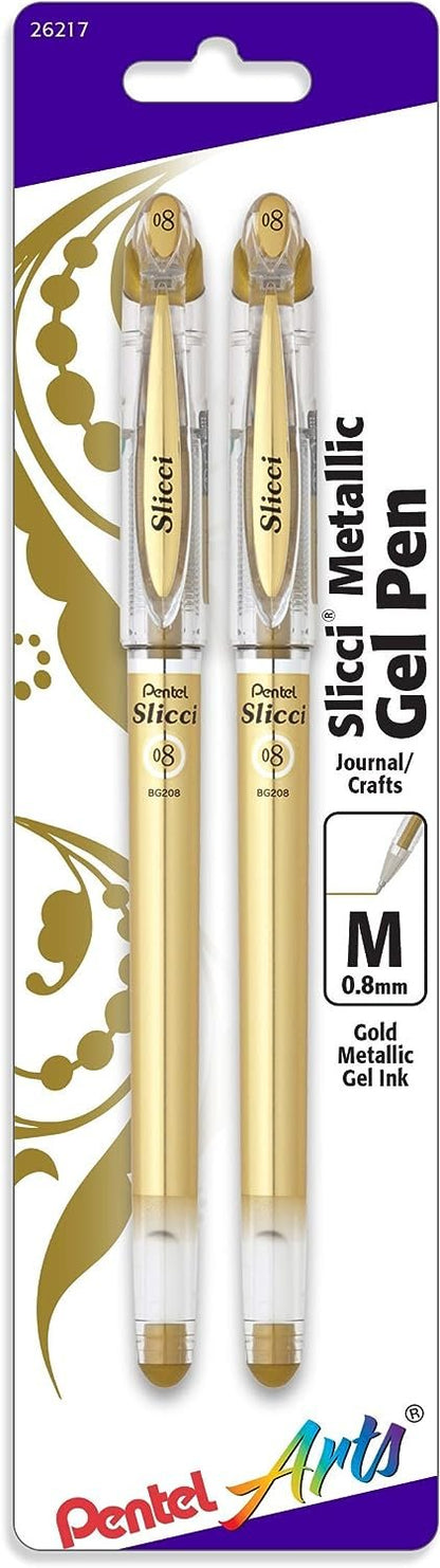 Pentel Arts Slicci Metallic 0.8 mm Needle Tip Gel Pen, Assorted Colors, 3 Pack (BG208BP3M)